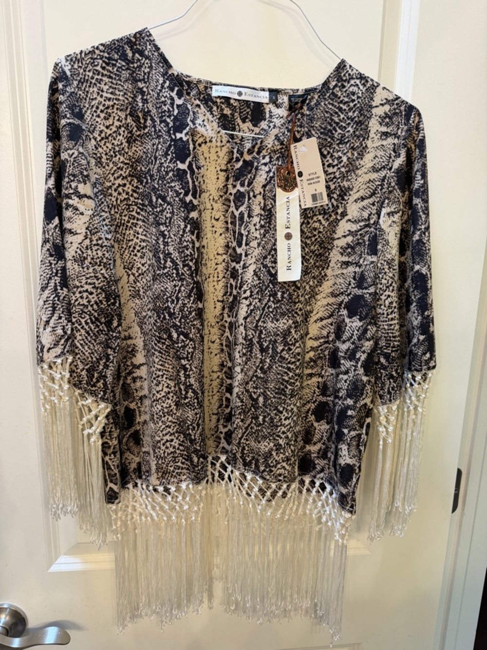 Beige & Black Snake-Print Fringe Blouse rancho estancia size small Reba blouse